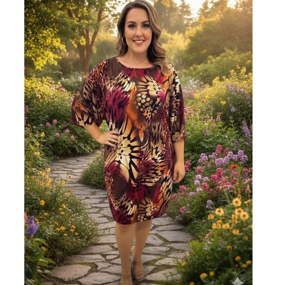 J.B.S. Ltd. Womens Butterfly Wing Print Shift‎ Dress Magenta Orange 18W